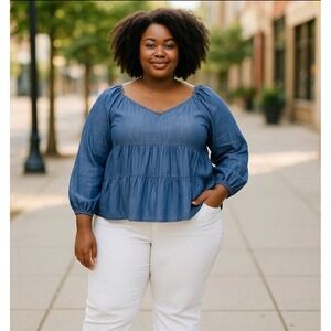 NWT Old‎ Navy Boho Chambray Flattering Tiered Denim Swing Shirt Women's 4X Blue